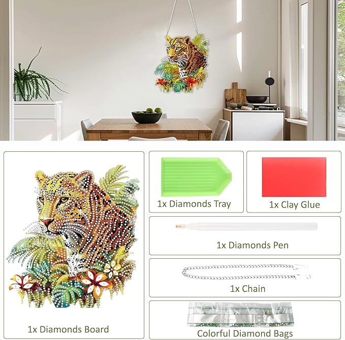 SENQAO Leopard Diamond Art Hanging Kit for Adult, Special Shaped Rhinestone, DIY Acrylic 5D Cheetah Diamond Art Painting Window Pendants Home Garden Wall Hanging Kits Hanging Ornament