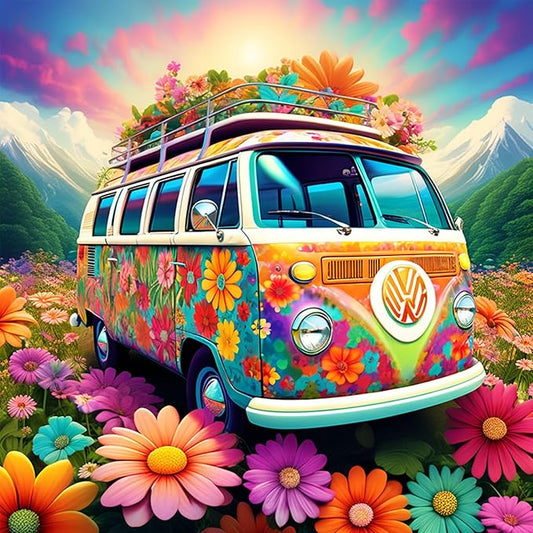 mrpwnle Flowers Bus Diamond Painting Kits for Adults-Flowers Bus Diamond Art Kits for Adults,5D Diamond Painting Bus,DIY Full Drill Diamond Painting Flower Gem Art and Crafts Kits 12x12inch