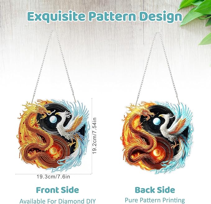 MEIYUDA Dargon Phoenix Diamond Art Hanging Kits for Adult, Yin Yang Diamond Painting Hanging Kits Ornaments, DIY Special Shaped Rhinestone Window Pendants Kit for Home Garden Wall Decor Gift
