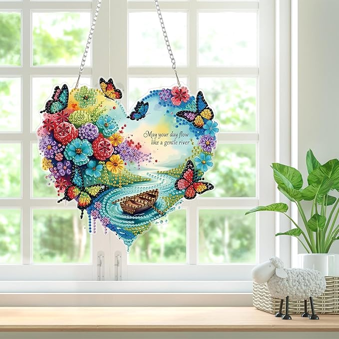 Bowetile Heart-Shaped Flower Diamond Art Hanging Kits for Adults, Diamond Art Suncatchers Butterfly, 5D Special Shape Diamond Painting Pendant Window Ornament Gifts for Home Wall Garden Decor