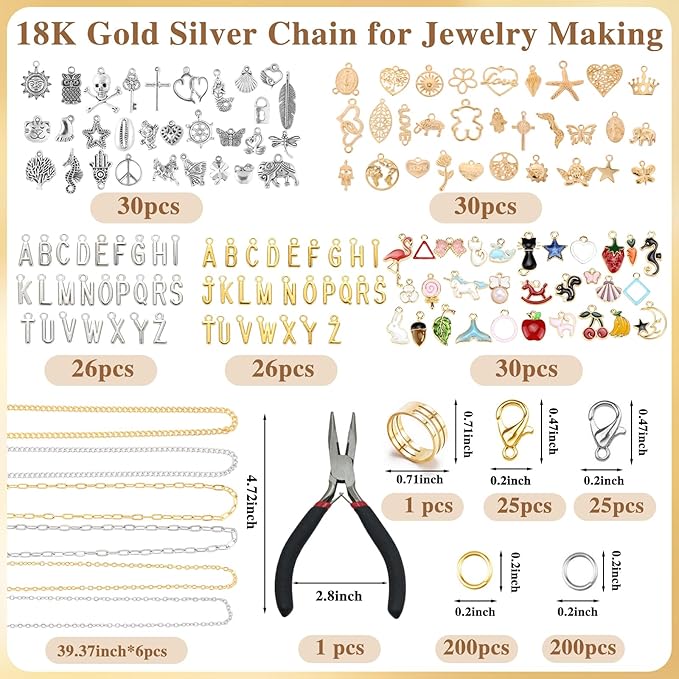 LuneClat Gold Sliver Chain Charm Bracelet Making Kit - Including 6 Chains with 142Pcs Pendants, Bulk Set with 400Pcs Jump Rings 50Pcs Lobster Clasps Pliers for DIY Crafts Lovers