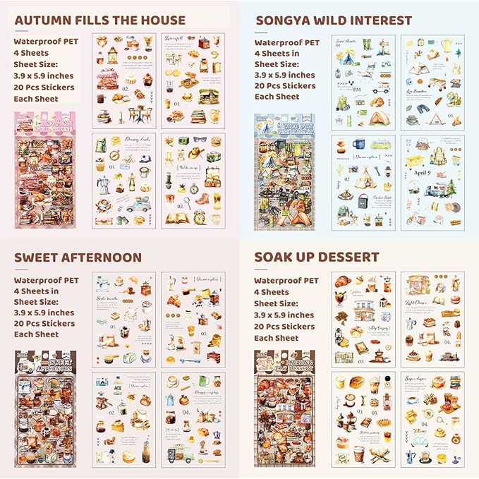 Vintage Food Stickers for Scrapbooking – 320+ Transparent PET Dessert, Coffee, Cake & Bread Stickers for Journaling, Junk Journal Supplies, Kids DIY Crafts, Baking & Camping Decoration