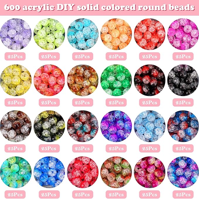 BONNY BOXX 600PCs 8MM Multicolor Acrylic Crackle Beads Set for Jewelry Making Crystal Crackle Lampwork Acrylic Round Beads for Bracelet Necklace Earring Accessories