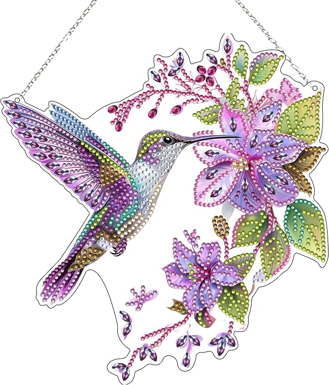 JJFox Diamond Art Hanging Kit for Adult,Special Shaped Rhinestone,Double Sided DIY Acrylic 5D Diamond Art Painting Window Pendants Home Garden Wall Hanging Kits Hanging Ornament (Hummingbird)