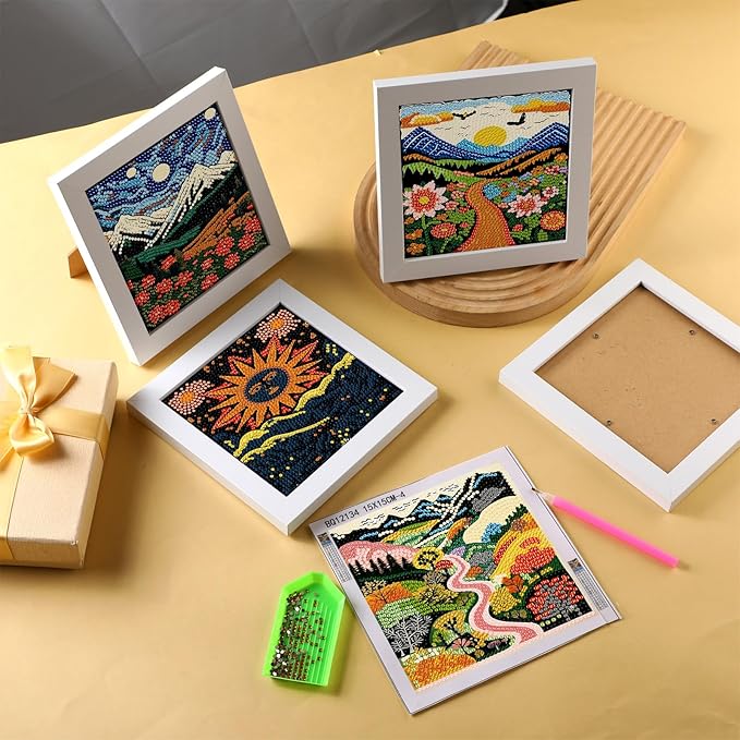 Geyoga 4 Pcs Boho Diamond Painting Kits with Frame Adults Sun and Moon Diamond Art Kits for Adults Beginner Kids Landscape Arts and Crafts Abstract Rhinestone Gem Art Table Decor Gift 7x7inch
