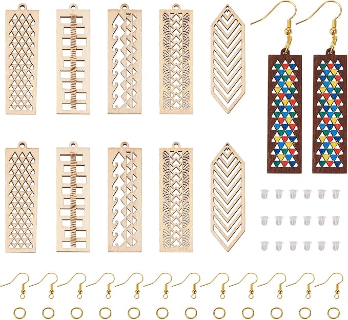Elecrelive 30pcs Rectangle Wooden Earring Charms Unfinished Wood Filigree Charms & Earring Hooks Jump Rings Ear Nuts for DIY Earring Necklace Jewelry Making