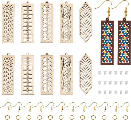 Elecrelive 30pcs Rectangle Wooden Earring Charms Unfinished Wood Filigree Charms & Earring Hooks Jump Rings Ear Nuts for DIY Earring Necklace Jewelry Making
