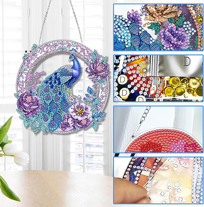 Reofrey Hanging Diamond Art Kits for Adults - 8x8 Inch Peacock Animal Acrylic Board Double Sided Pattern Diamond Art Suncatcher Pendant, DIY Crystal Art for Home Wall Window Decoration Handmade Gift