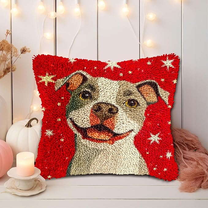 DIY Latch Hook Pillow Kits for Adults Merry Christmas Pitbull Dog Pillow Cover Printed Pillowcase Crochet Yarns Hooking Handmade Cushion for Home Sofa Decoration 17x17inch(1)