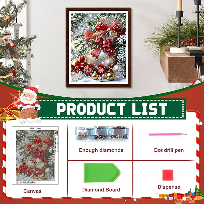EMIEAUFG Christmas Diamond Art Kits for Adults, Christmas Ornament Diamond Paiting Kit for Beginners, 5D DIY Round Full Drill Craft Diamond Dot Gem Art, Home Wall Decor 12" x 16"