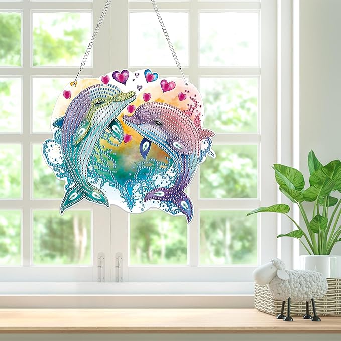 Bowetile Dolphin Diamond Art Hanging Kits for Adults, 5D Special Shape Diamond Painting Animals Kits, Animal Gem Art Suncatchers Painting Pendant Ornament for Home Garden Wall Decor