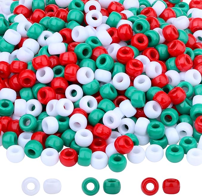 1000 Pcs Christmas Pony Beads Plastic Bead for Bracelets Christmas Beads for Jewelry Making Red Green White Pony Bead for Crafts Suitable for Ages 14 and Above