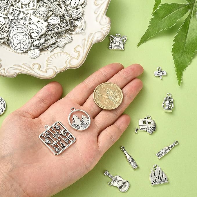 DanLingJewelry 100Pcs 10 Styles Retro Camp Charms Camp Sign Fire Guitar Carriage Oil Lantern Wine Bottle Charms for Jewelry Making DIY