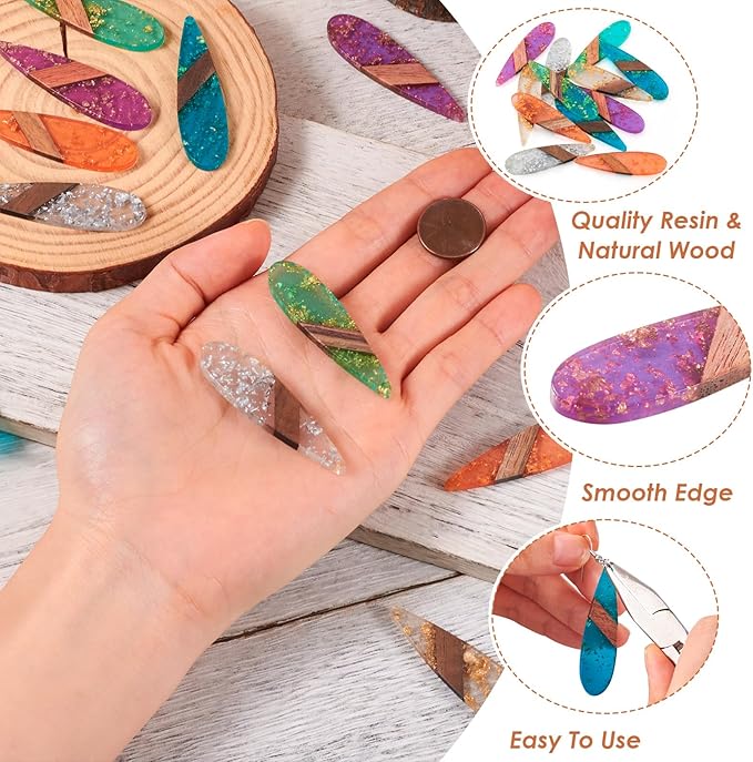 Beadthoven Transparent Teardrop Big Pendants for Jewelry Making, 12Pcs/6 Pairs Resin Wood Charms Glittery Crystal Pendants for Women Wood Earrings Necklace Bookmarks Making DIY Crafts Supplies