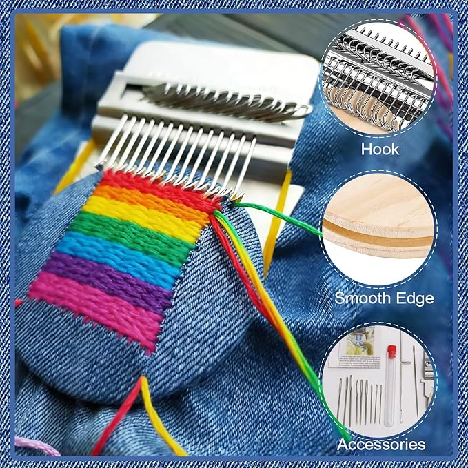 Mini Darning, Knit Patch Kit for Beginners, Wooden Weaving Tool with Stainless Steel Needles, Portable Darning Looms Kit for Quickly Mending eans Clothes Tapestries Carpets Scarves (14 Hooks)