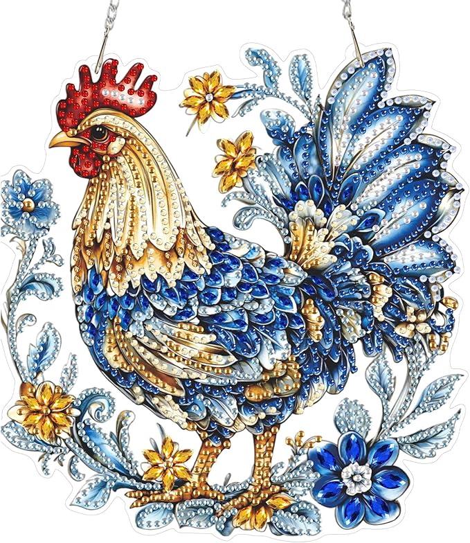 SENQAO DIY Acrylic Diamond Art Painting Chicken Kits Special Shaped Rhinestone Diamond Art Window Pendants Home Garden Wall Hanging Kits Hanging Ornament