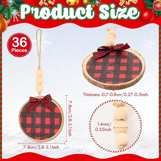 Sawysine 36 Pcs Wooden Christmas Ornament 2.8 to 3.2 Inch Craft Wooden Kit Natural Wood Slices with Round Natural Wood Beads and Buffalo Plaid Bow for Arts and Crafts Christmas Ornaments(Black, Red)