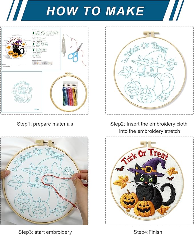 Zhenqing Halloween Black Cat Embroidery Kit for Beginners - Complete Set with Pre-Printed 29x29cm Cotton Fabric, Hoop, Threads & Tools (C0118)