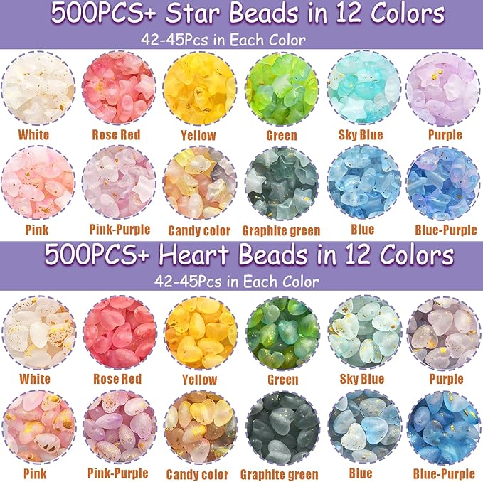 1000Pcs Matte Acrylic Star Beads Hart Beads for Jewelry Making Frosted Gold Foil Acrylic Beads Pastel Beads Colorful Assorted Bead Cute Aesthetic Kawaii Bead for Bracelet DIY Craft Earring Phone Charm