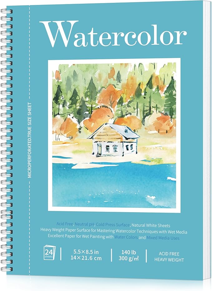watercolor paper pad, watercolor sketchbook 5.5" x8.5” 140lb/300gsm, spiral bound water color pad journal and sketchbook for adults & kids, markers and art journaling