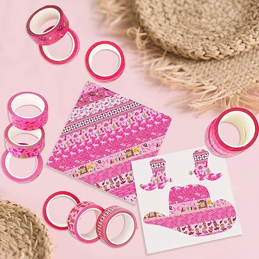 12 Rolls Western Washi Tape, Pink Wild West Masking Tapes, Western Cowboy Cowgirl Decorative Paper Stickers for Scrapbook Journal DIY Art Crafts Wrapping Birthday Party Supplies 16.4FT