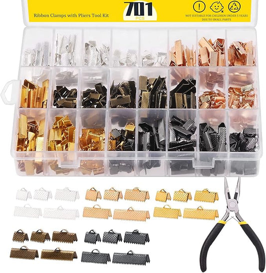Mardatt 701 Pcs Ribbon Bracelet with Pliers Kit 24 Type Iron Fold Over Bookmark Pinch Crimp Ends Leather Clamps Jewelry Making Findings for Bookmark Pinch Bracelet Choker Necklace