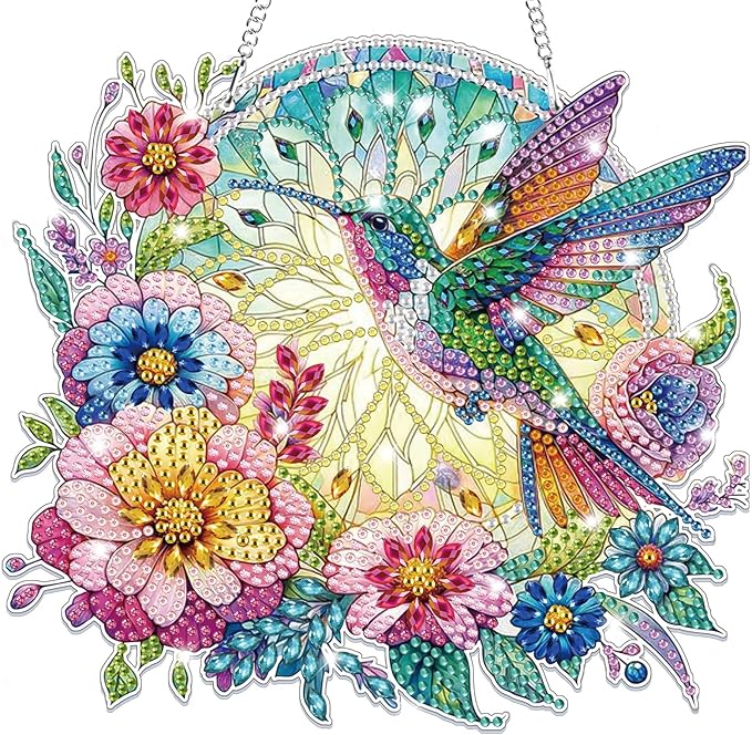 Bowetile Bird Diamond Art Hanging Kits for Adults, 5D Special Shape Diamond Painting Flowers Pendant Kits, Animal Gem Art Suncatchers Painting Ornament for Home Garden Wall Decor