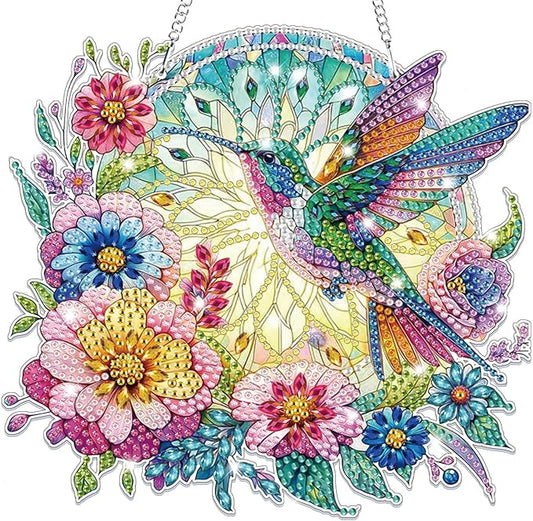 Bowetile Bird Diamond Art Hanging Kits for Adults, 5D Special Shape Diamond Painting Flowers Pendant Kits, Animal Gem Art Suncatchers Painting Ornament for Home Garden Wall Decor