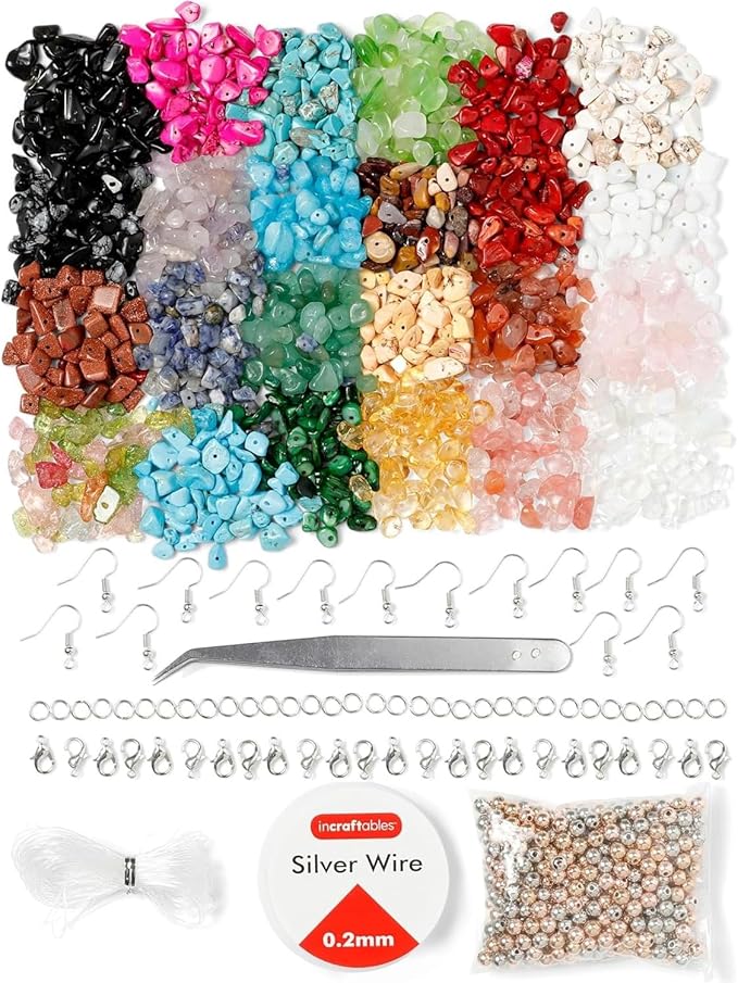 Incraftables 1000 Crystal Chip Beads for Jewelry Making – 24 Color Assorted Gemstone Chips (6–9mm) – Natural Stone Beads with Elastic Thread, Wire, Clasps, Jump Rings, Earring Hooks & Organizer
