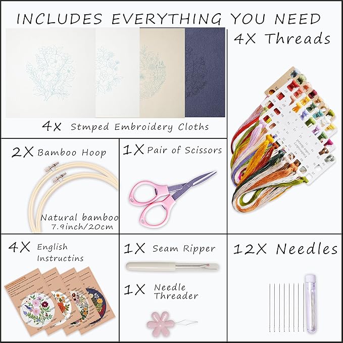 bonroy 4 sets embroidery kit for beginners with instructions,cross stitch kits for adults with pattern,needlepoint kits for adult include embroidery cloth hoops needles threads