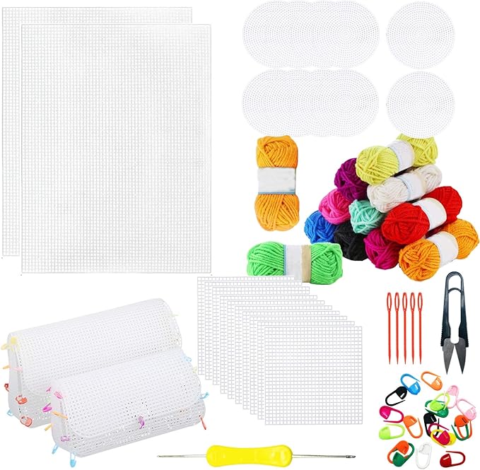 Allazone 57 PCS Mesh Plastic Canvas Sheets Kit Including 24 PCS Plastic Canvas, 12 Color Acrylic Yarn for DIY Crafts Embroidery Cross Stitch, Acrylic Yarn Crafting, Knit and Crochet Projects