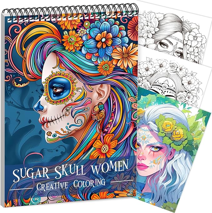 Sugar Skull Women Coloring Book for Adult Spiral Bound, Adult Coloring Book for Women Relaxation, Thick Paper 24 Pages One Sided Design, Mindfulness Easter Gifts for Adults