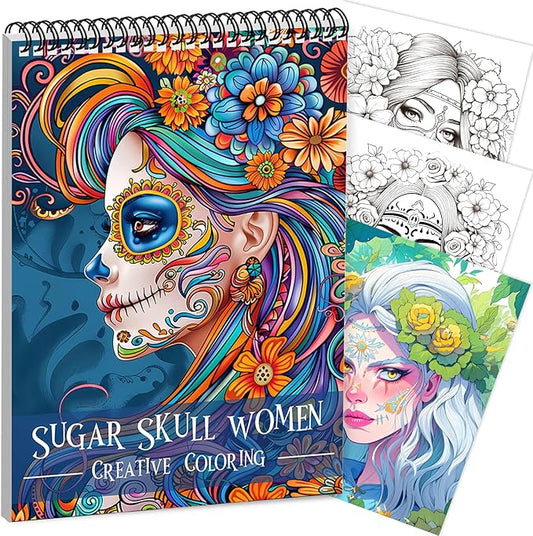 Sugar Skull Women Coloring Book for Adult Spiral Bound, Adult Coloring Book for Women Relaxation, Thick Paper 24 Pages One Sided Design, Mindfulness Easter Gifts for Adults
