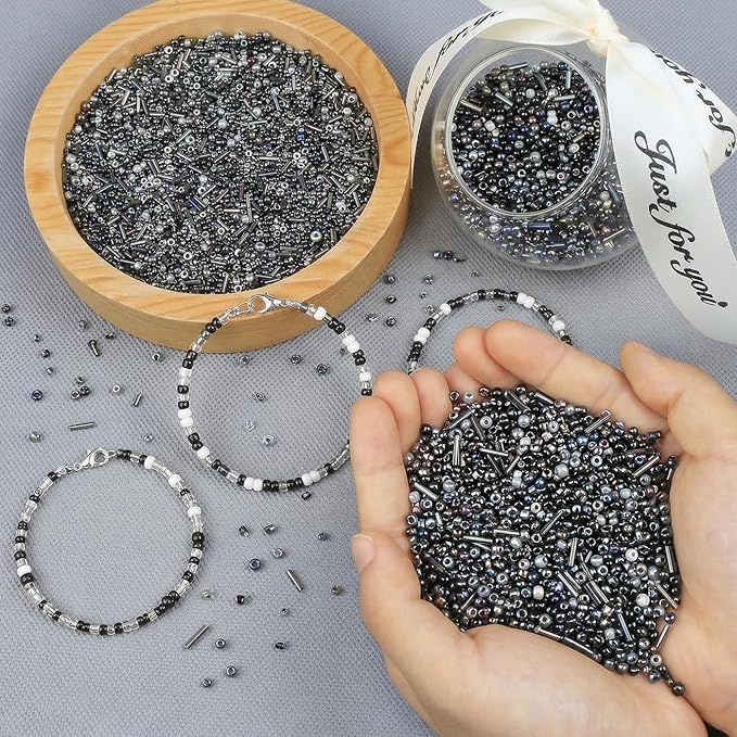 DUQGUHO Black Beads for Bracelet 4mm Black Glass Seed Beads Kit 15 Color 3mm 2mm Small Plastic Tube Bead for Jewelry Making Craft DIY