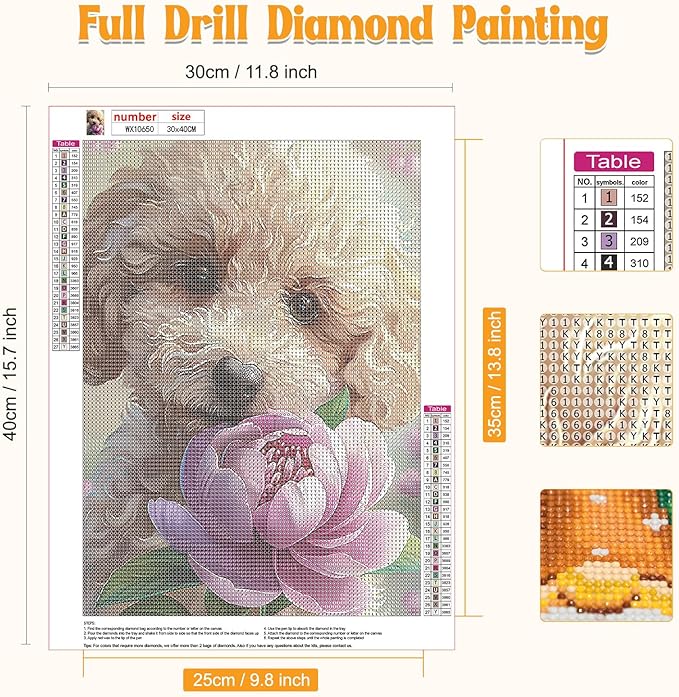 NAIMOER Puppy Diamond Painting Kits for Adults, DIY 5D Diamond Painting Aniamsls, Full Drill Dog and Flowers Diamond Art Kits Perfect for Relaxation and Home Wall Decor 30x40cm