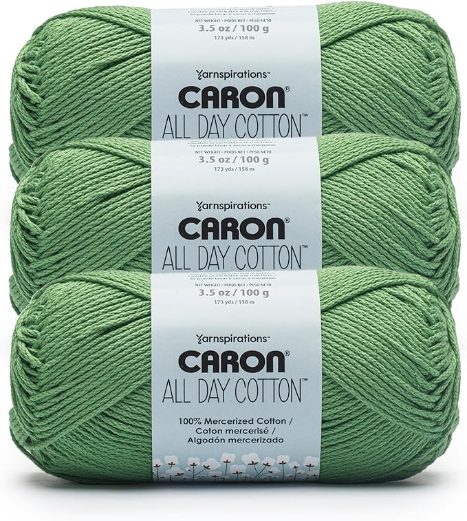 Caron All Day Cotton - 3 Pack of 173 Yards/3.52 oz Grass Green 100% Mercerized Cotton Yarn