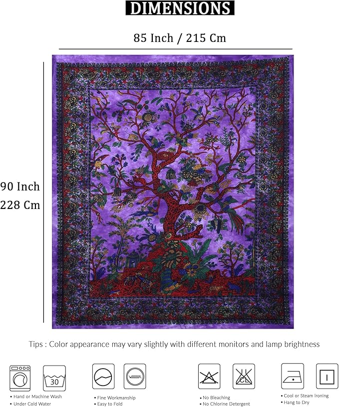 the art box tapestry purple tree of life wall hanging – indian cotton full-size bedspread, picnic sheet, wall decor, blanket, wall art for bedroom (85x90 inch)