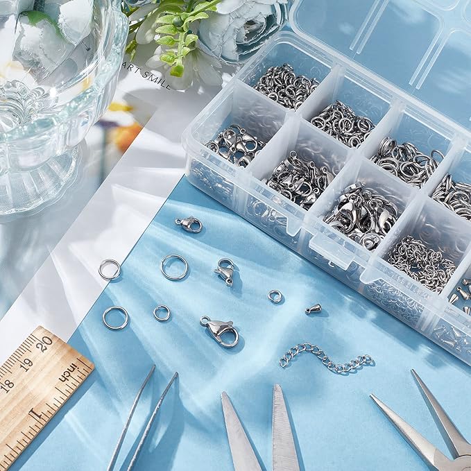 PH PandaHall 830pcs Jewelry Making Findings Stainless Steel, 680pcs 5 Styles Jump Rings 90pcs 3 Styles Lobster Claw Clasps 30pcs 40mm Extender Chains 30pcs Chain Drop for DIY Bracelet Necklace