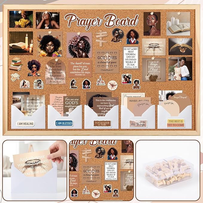 Black Women Prayer Board Kit - Vemfare 162 Pcs Prayer Board Stickers Supplies with Pins Envelope Bible Verse Quotes Cards, Motivational Scrapbook Stickers, Bible Study Supplies (Not Including Board)