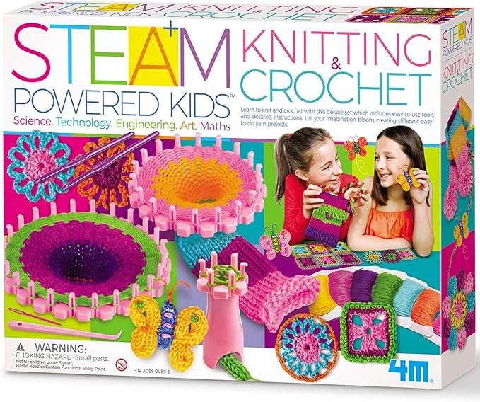 4M Knitting & Crochet Kit for Kids Ages 8-12 – Learn to Knit with French Knitting Reel, Crochet Hooks, Yarn, Scarf & Handbag Projects, Beginner Craft Set for Girls and Boys, STEM Arts & Crafts Gift