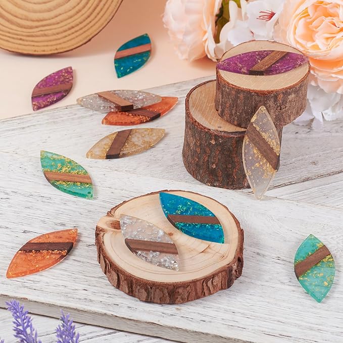 Beadthoven Leaf Natural Wood Earring Charms, 12Pcs/6 Pairs Colorful Clear Leaves Resin Charms with Gold Foil for DIY Dangle Wooden Earring Making Supplies
