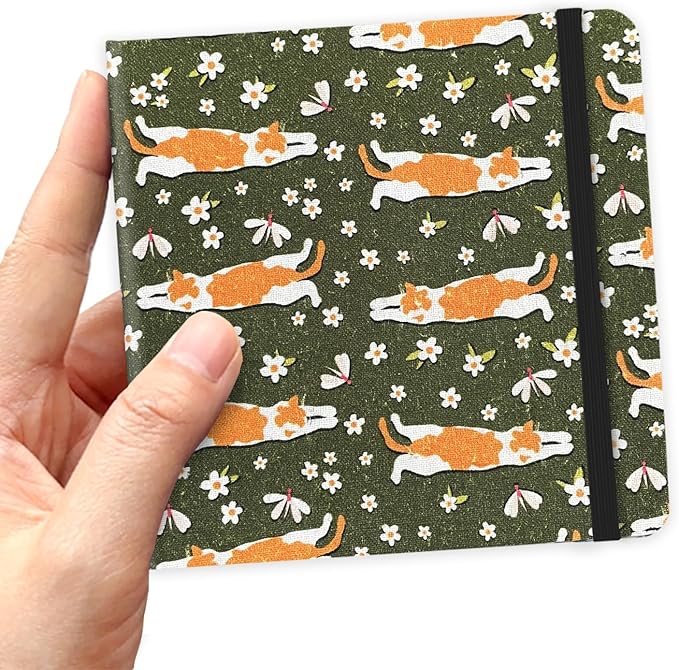 4.8" x 4.8" Hardcover Sketchbook,Small Mixed Media Sketch Pad,96 Sheets 80gsm Acid-Free Artist Travel Journal Pocket Blank Notepad for Adults Drawing Painting,Art Supplies.Green Flower Cat