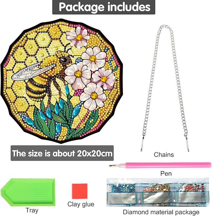 Bimkole Bee Diamond Art Hanging Kit for Adult, DIY 5D Diamond Art Flower Window Pendant, Acrylic Crystal Art Hanging Ornament Home Wall Garden Front Door Sign Outdoor Decor 7.8x7.8 Inch