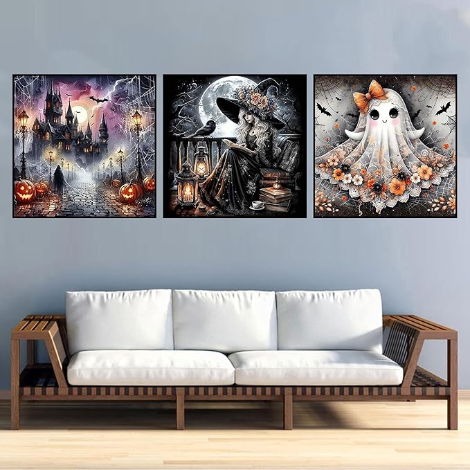 3 Pack Diamond Art Kits for Adults, Halloween Diamond Painting Kits for Adults, 5D DIY Round Drill Gem Art Paint With Diamonds Dots Crafts Kits for Home Decor Gift 14x14inch (Ghost Witch and Castle)