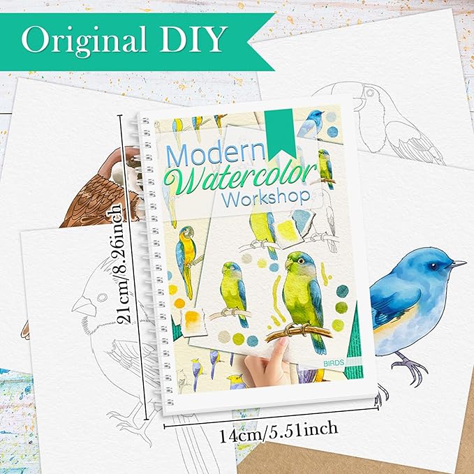 Watercolor Workbook, Watercolor Workbook Paint Book Beginner Friendly, 12 Different Patterns Stress-Relieving Art Crafts for Creative Exploration Gift for Women Adults Teens (Bird, 1)