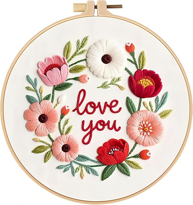 JJFox Embroidery Kit for Beginners and Adults, DIY Hand Embroidery Starter Kit with Cute Pattern, Cross Stitch Needlepoint Set with Hoop, Threads and Instructions (Love You)