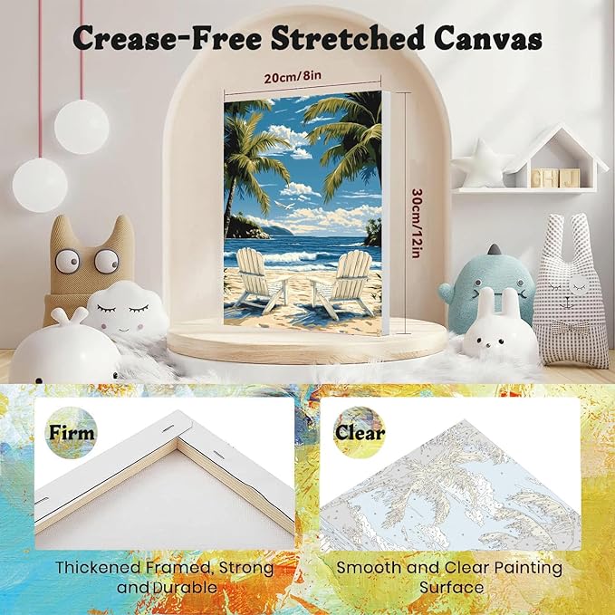 xackcme Beach Paint by Numbers for Adults with Framed Canvas - with Wooden Easel, Landscape Paint by Number on Canvas, DIY Acrylic Oil Painting Kits with Brushes for Home Wall Decor (8x12 inch)