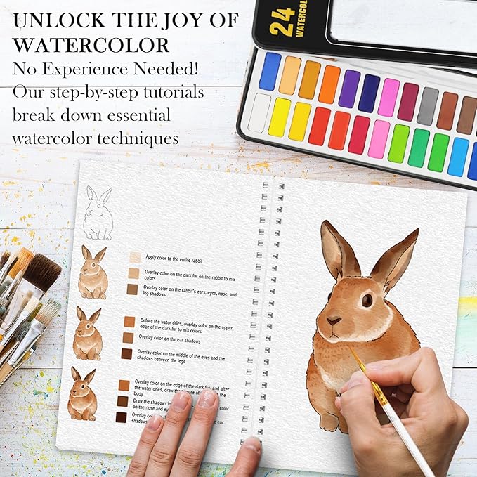 3Pcs Watercolor Workbook Paint Book Beginner Friendly Painting Kit, 36 Pages Workbooks with 24 Paint Colors & Brush for Beginners, Stress-Relieving Gift for Women Adults (Bouquet&Animals&Birds)