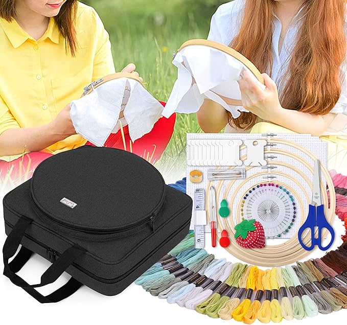 LoDrid Embroidery Kit, Embroidery Project Bag with Embroidery Kit, Portable Craft Carry Case with Starter Kit, Embroidery Supplies Storage Bag and Cross Stitch Kits for Beginners, Adults, Black