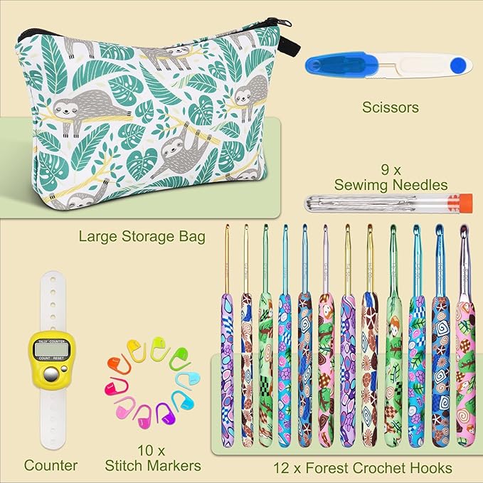Coopay 12 Sizes Crochet Hooks Set with Case, Comfort & Sturdy Forest Crochet Hooks Ergonomic Soft Grip for Crocheting Yarn, Crochet Counter Track Stitches, Ideal Crochet Starter Kit